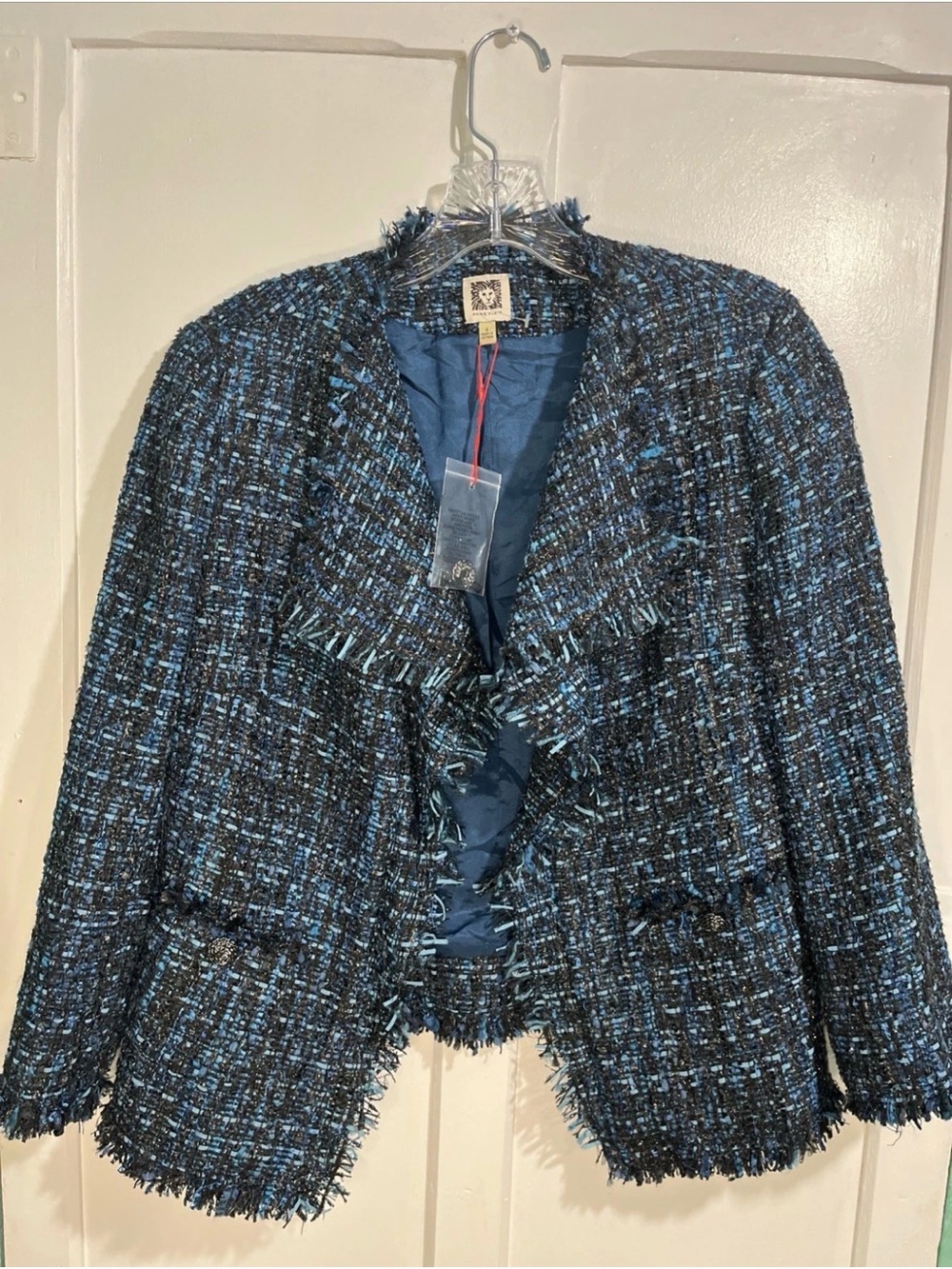 Anne Klein Jacket Women Size 4 Black Blue Tweed Fringe Cropped 3/4 Sleeve
